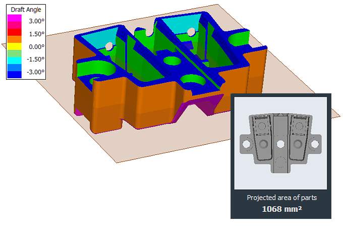 The 3D tool tooling analysis shows bevel angles and mold cavities and also offers an identification of areas that cannot be demoulded