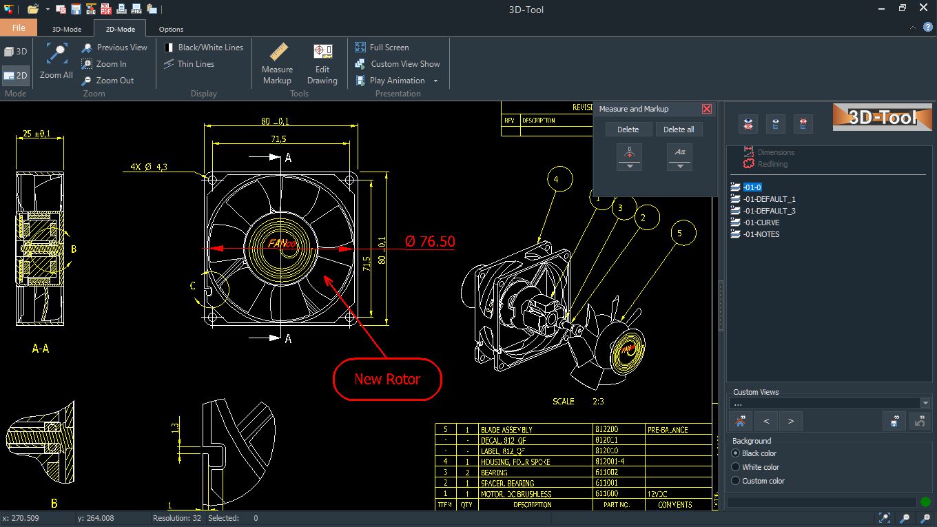 The integrated 2D-Viewer with 2D measurement tools and redline markups.