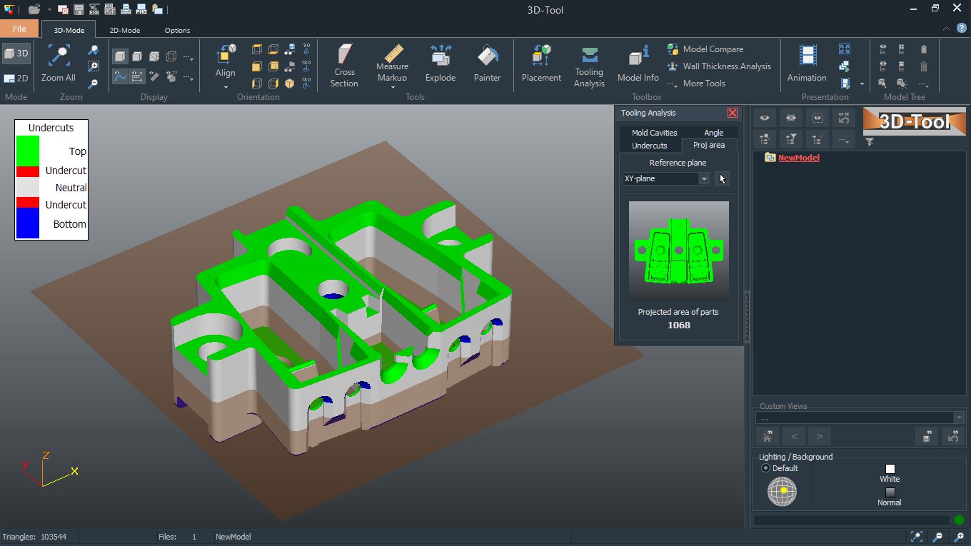 3D-Tool Tooling Analysis shows undercuts and projected area