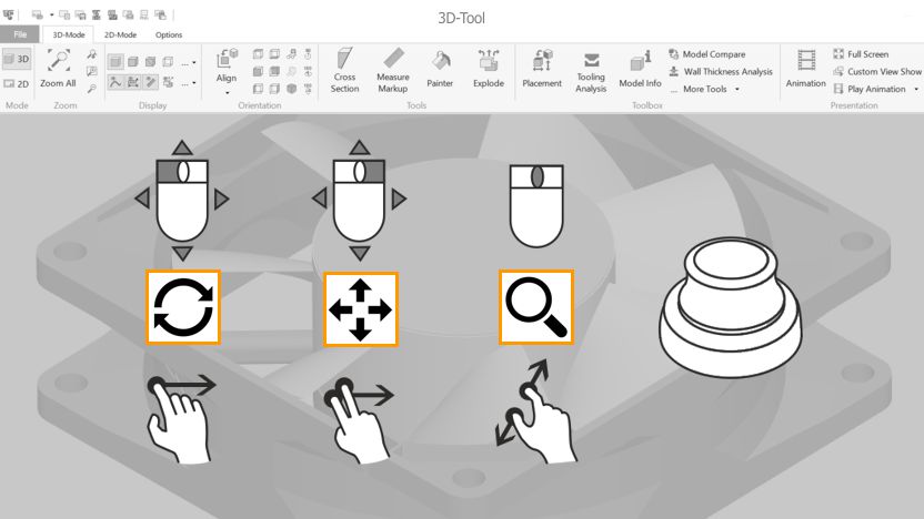 Mouse actions and touch gestures of the 3D-Tool CAD Viewer