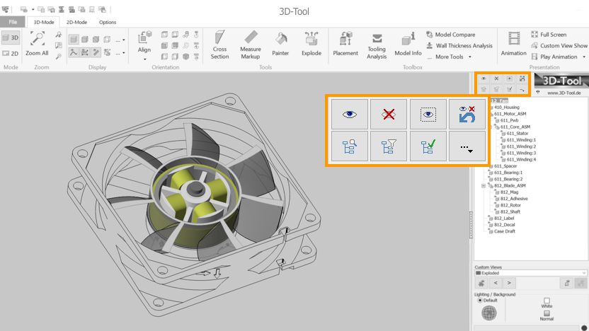 Search and filter functions in the 3D-Tool model tree